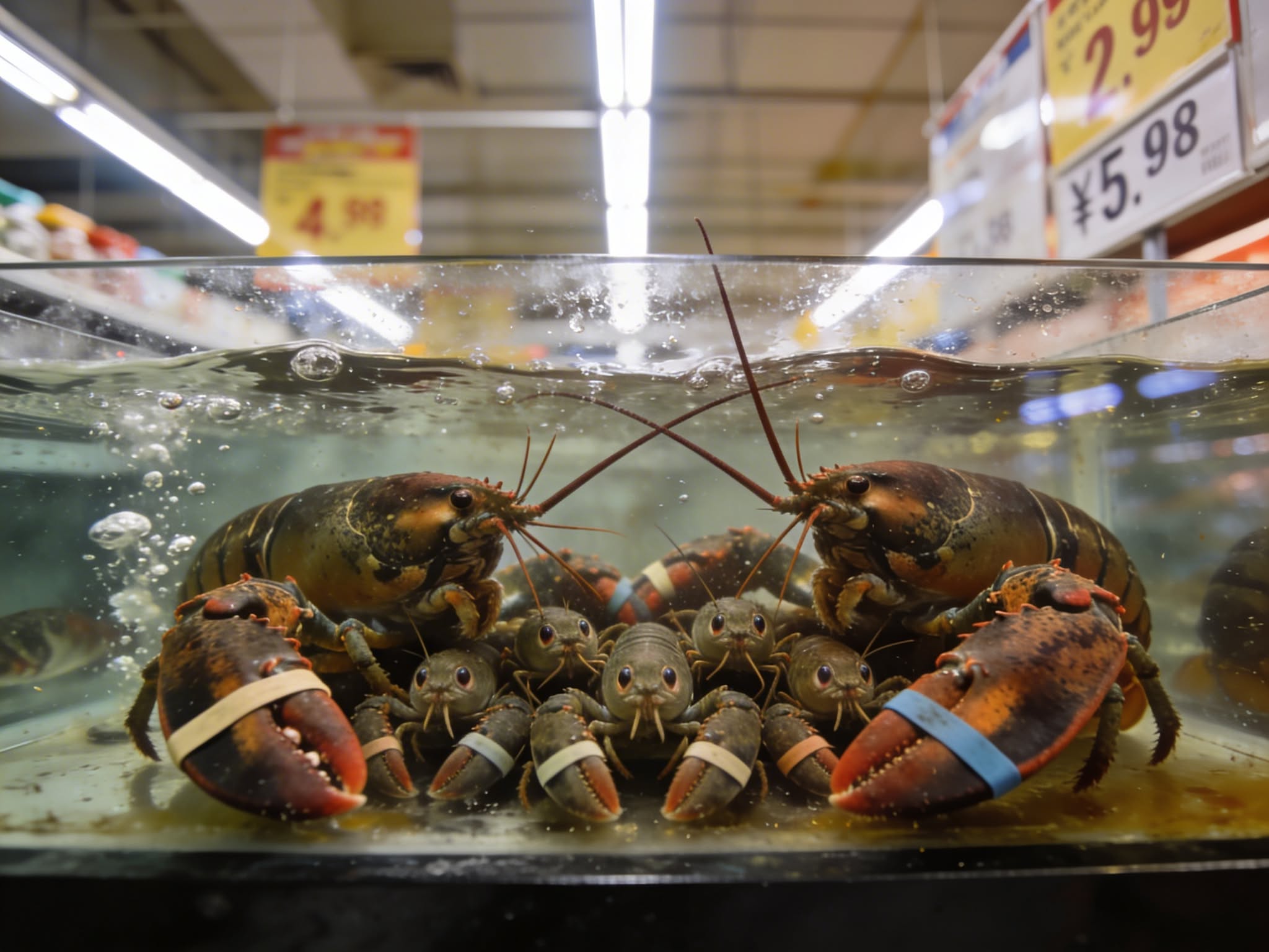 Lobster trapped in a restaurant tank